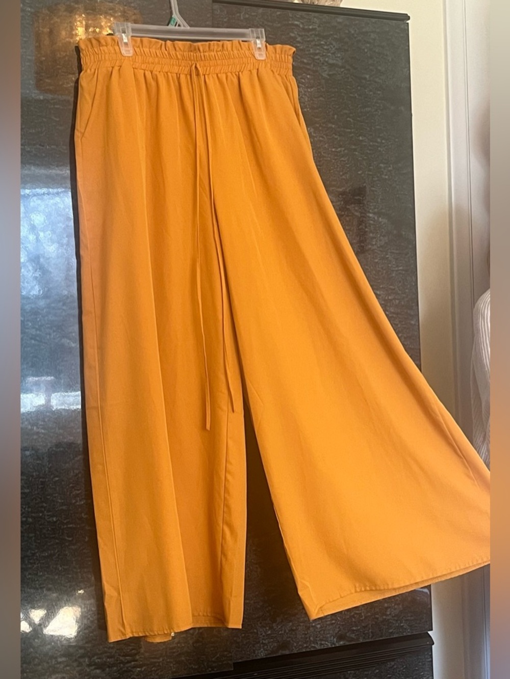 Wide-Leg Drawstring Palazzo Pants in Yellow Ochre